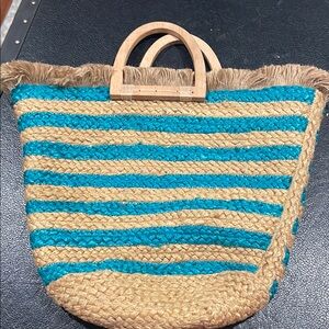Antik Kraft Hashree Tote Bag with Woven Design. 100% Jute in Turquoise Stripe
